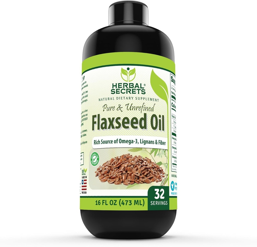 Integratore di olio di semi di lino di erbe Segreti di erbe | 16 Fl. Oz. (473 ml) | Non-GMO| Made in USA