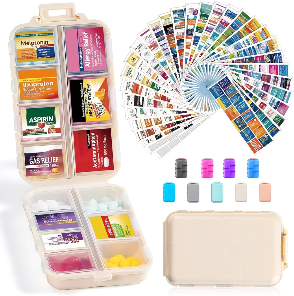 14 Grids Travel Pill Organizer Box mit 415-Pcs Medizin Name Etiketten - Pocket Daily Pharmacy Case Container Kit - Travel Medication Holder Dispenser für Fish Oil Vitamin Supplement Storage - Khaki