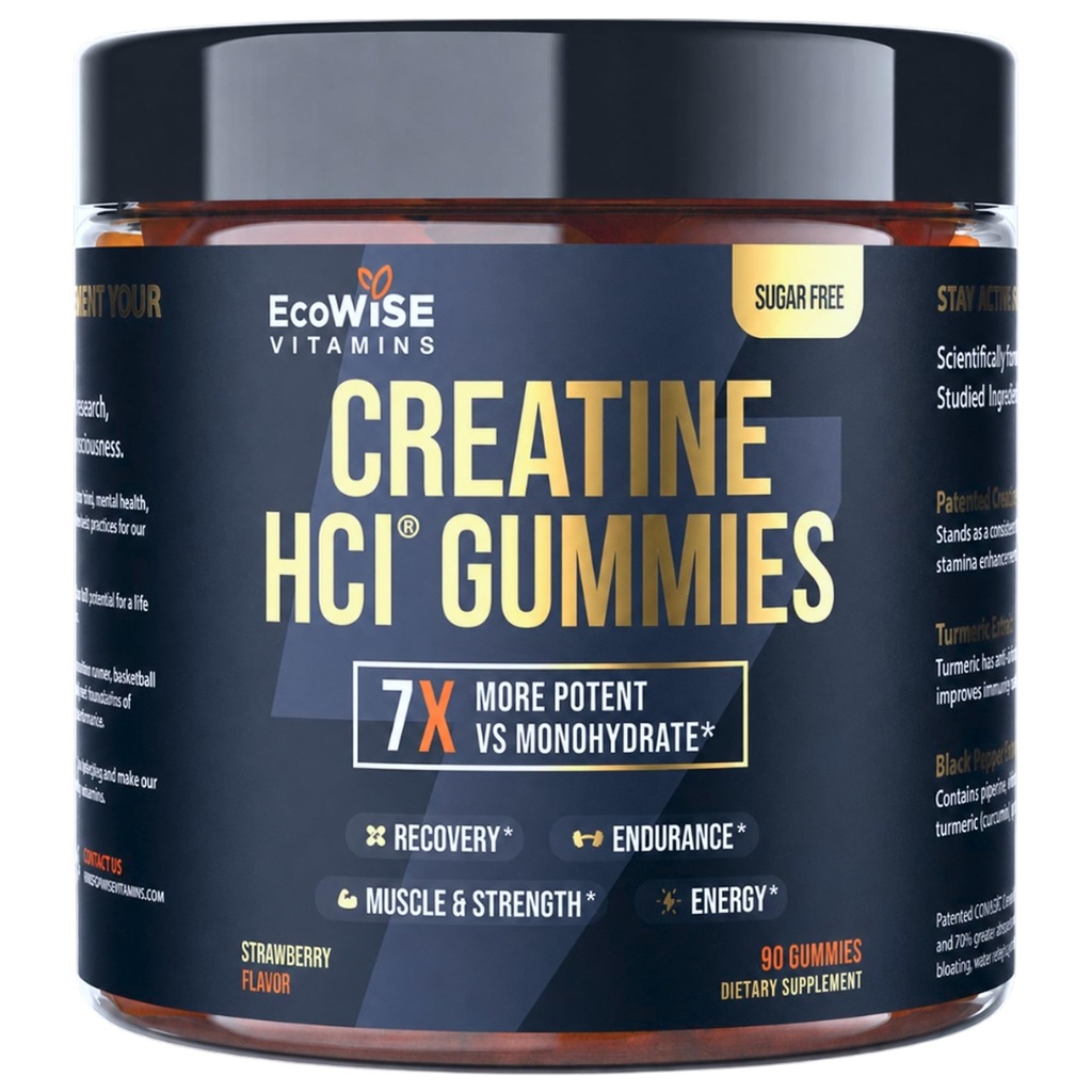 Creatine HCl Gummies with Turmeric & Black Pepper Extract, Sugar Free, Vegan Daily Creatine Gummies for Active Lifestyles, Strawberry Flavor, 90 Gummies