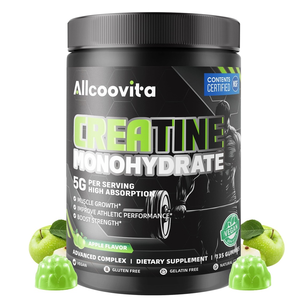 NSF Certified Creatine Monohydrate Gummies for Men &Women (Apple 135 ct) | NSF Certified 173 Creatine Gummy Boost Focus,Strength, and Endurance, Anti-Melting Formula, Vegan, Gluten-Free, Non-GMO