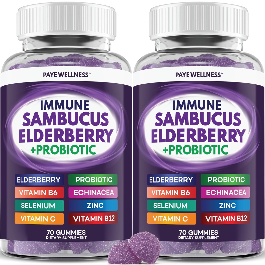 Elderberry Gummies Immununterstützung, Tägliche Unterstützung für Kinder und Erwachsene*, mit Sambucus Elderberry, Zink, Vitamin C, D3, B6, B12, Plus - Nahrungsergänzung - 140 Count