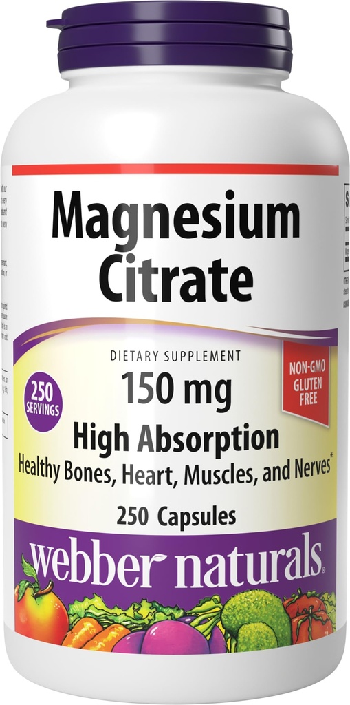 Webber Naturals Citrato di magnesio, 150 mg Per capsula, 250 capsule, alto assorbimento, aiuta le ossa di sostegno, denti e corretto muscolo & funzione cardiaca, Gluten & Dairy Free