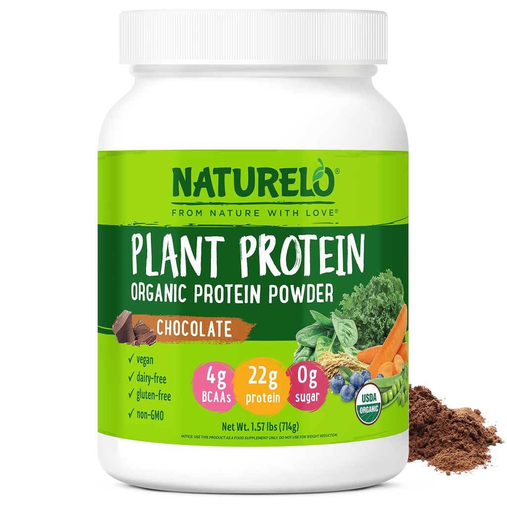 NATURELO Protéines végétales en poudre, chocolat, 22g Protéines - Non-OGM, végétalien, sans gluten, lait ou soja - Pas d'arôme artificiel, colorant synthétique, conservateurs ou additifs - 20 portions