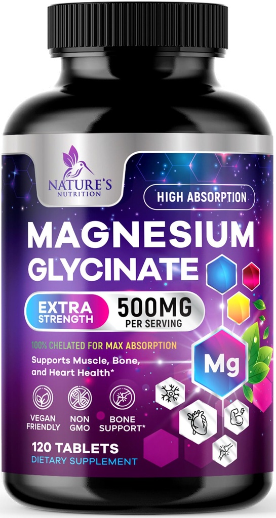 Magnesio Glycinate 500mg - Chelated for Ultra Absorption - Supporta Bone, Muscolo, Neves & Heart Health, supporto per il sonno della natura, migliori pillole per il supplemento di magnesio per il supporto del corpo intero - 120 compresse