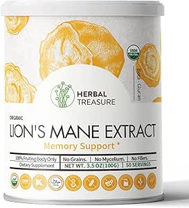 Manille de lions organiques, Manille de lions sans OGM et sans gluten, croissance neuronale et système immunitaire, Poudre de champignons pour le soutien de la mémoire, concentration, clarté, créativité et service d'humeur-50