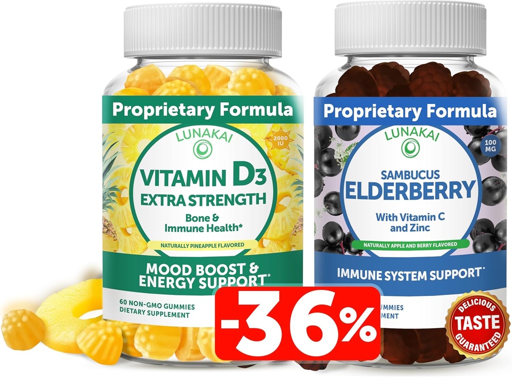 Lunakai Vitamine D3 and Elderberry Gummies Bundle - Supplément de soutien pour l'immunité, les os et l'humeur pour les adultes et les enfants - Non-OGM, Pas de sirop de maïs, Tous naturel Gummy