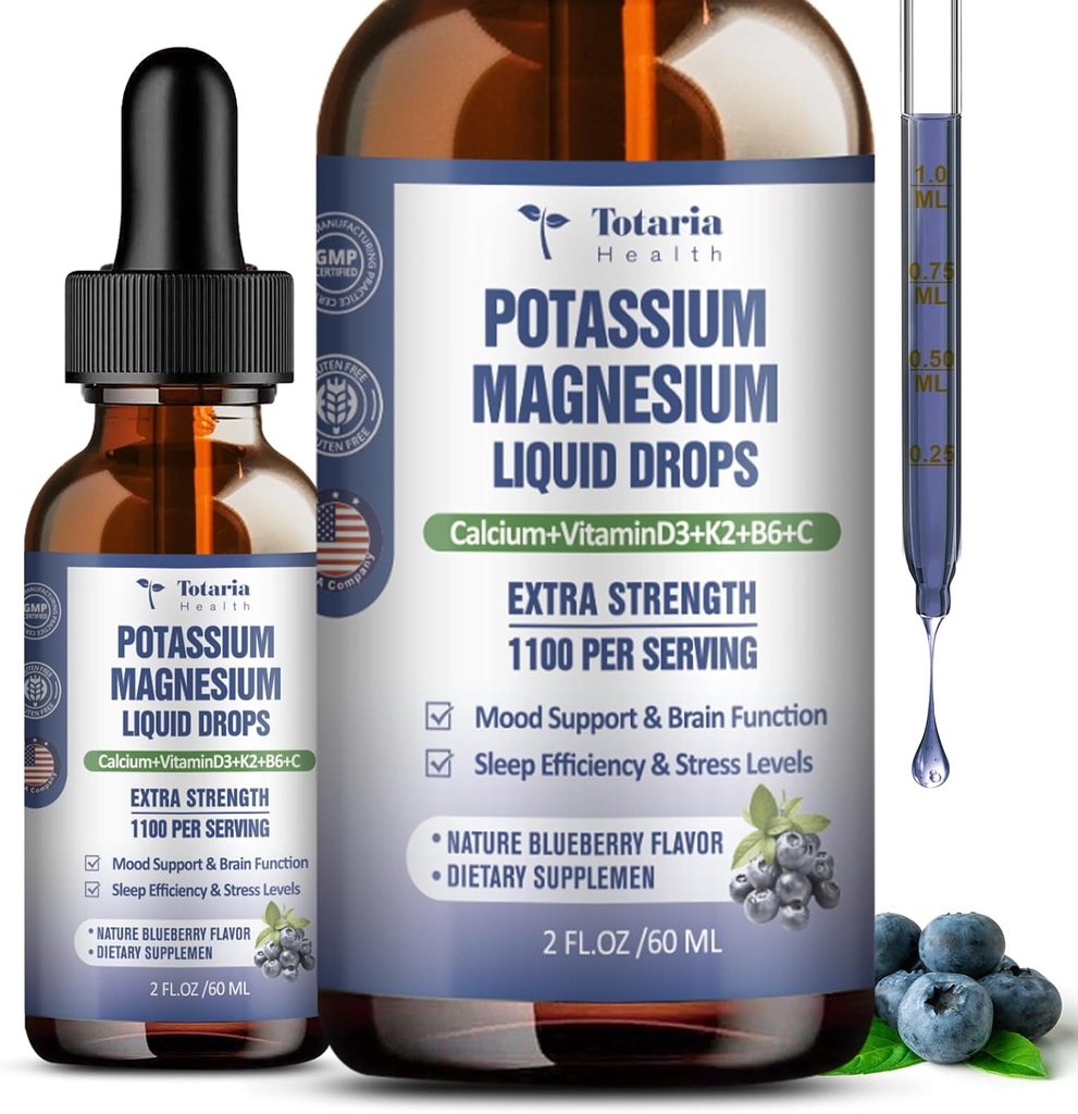 (2 Packs) Kalium-Magnesium-Ergänzung Flüssigkeitstropfen - 200mg Kalium & 600mg Dreifach Komplex Magnesium-Glycinat flüssiges Citratöl Hohe Absorption Potasio Unterstützung Knochen, Muskel, Leg Cramps