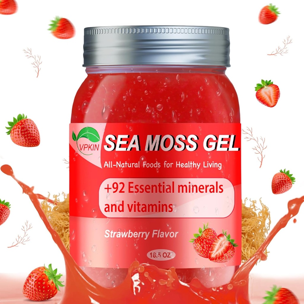 Sea Moss Gel,Organic Raw Irish Seamoss Gel Advanced Superfood,Immune und Verdauungsunterstützung,Vitamin und Minerals Supplement(Strawberry,18.5OZ)