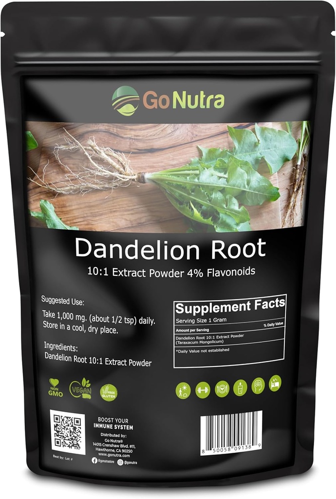 Go Nutra Poudre de racine de dandelion pour thé, café et boissons.Concentré 10:1 Poudre d'extrait de racine de dandelion, sans caféine.