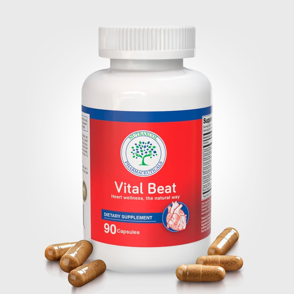 Vital Beat Cardiovascular Support Supplement, 90 Capsules | with CoQ10, Flaxseed, Grape Seed, Turmeric & Taurine, Heart, Circulation & Cholesterol Support