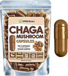 XPRS Nutra Chaga Mushroom Capsules - Premium USDA Chaga Mushrooms Capsules- Incapsulato Chaga Mushroom Powder per un Boost Immunity - Vegan Friendly Superfood per Chaga Tea and Beverages - 180 Count