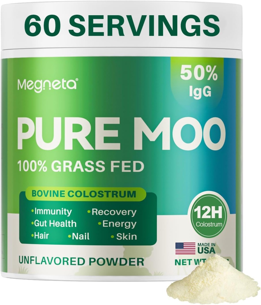 Polvere di Colostrum, 12H Prima Latte, 50% IgG, Grass Fed Bovine Colostrum for Humans- Supports Gut Health, Immune, Hair, Skin- 60 Servings