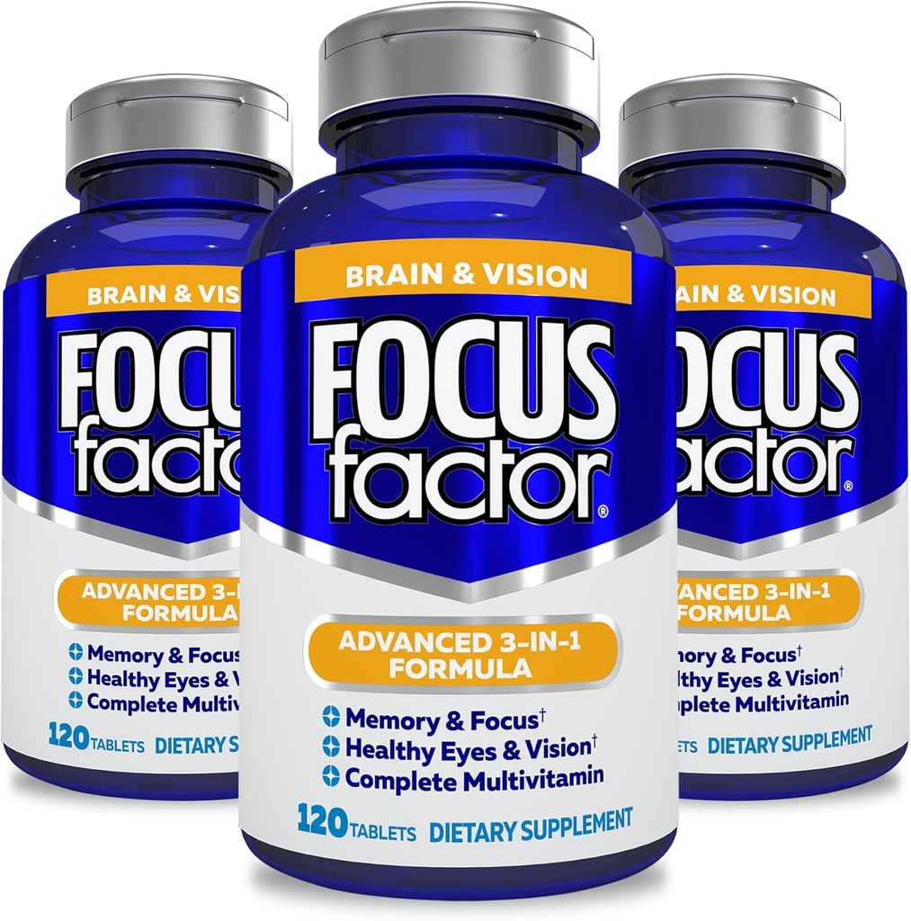Facteur de concentration Adultes Supplément Cerveau et Vision, 120 Count- Vitamine oculaire, Supplément minéral, Multivitamine complète avec Lutéine et Zeaxanthin – Supplément Cerveau pour Focus, Concentration, Mémoire (3 Pk)