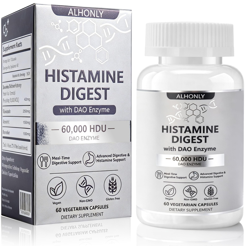 DAO Enzyme Breaks Down Histamine 60000 HDU, Relieves Histamine Intolerance Discomfort, Digestive & Stomach Support, 60 Capsules, Pea Sprout Extract, Vegan Gluten-Free Non-GMO