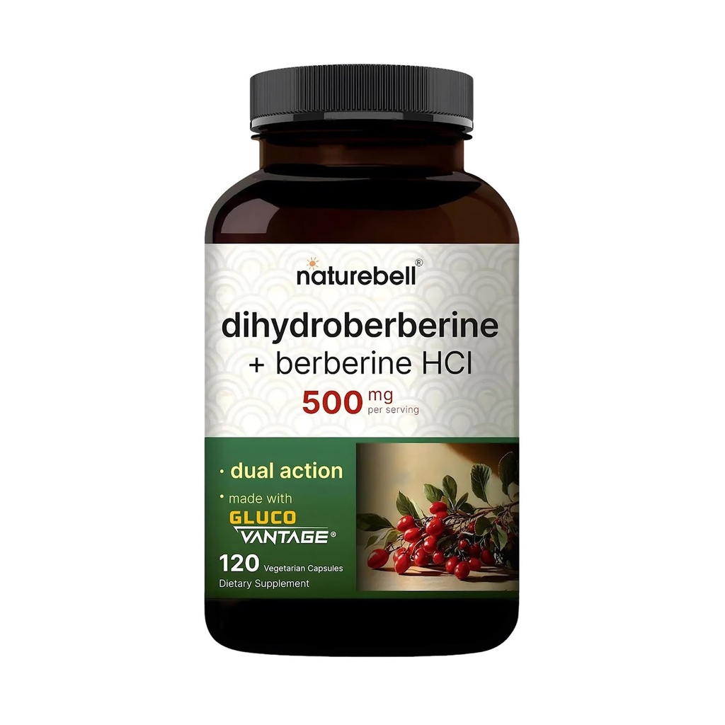 NatureBell Dihydroberine con Berberine HCl 500mg, 120 capsule veggie | 5X meglio assorbito con GlucoVantage | Supporti bilanciati livelli di zucchero e salute del cuore | Vegan, Non OGM