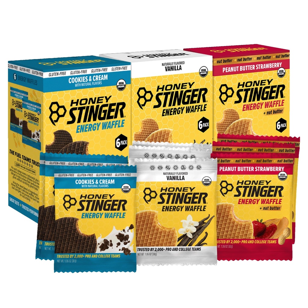 Honey Stinger Organic Energy Waffle Fan Favorites Variety Pack of 18, Vanilla, Cookies and Cream, 6 Pack Each of Peanut Butter Strawberry, Nutritious Stroopwafel Snack for Exercise, Cycling, Running