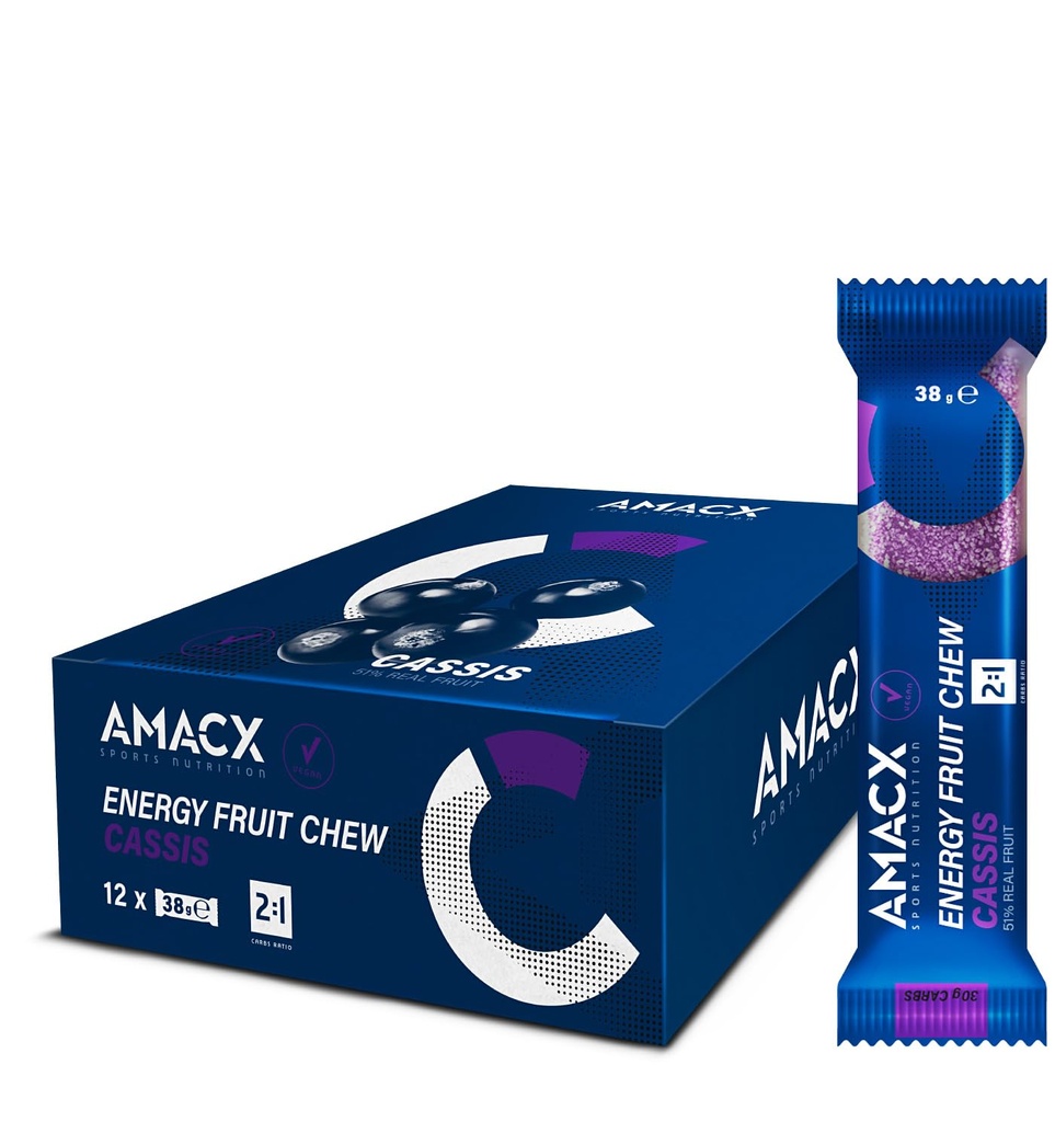 AMACX Fruit Chew Energy Bar – High Carb Running Fuel – 12 x 38g – Electrolyte Chews for Endurance Sports with 51% Fruit – Vegan, Gluten & Lactose-Free – Sports Nutrition Running Chews – Cassis