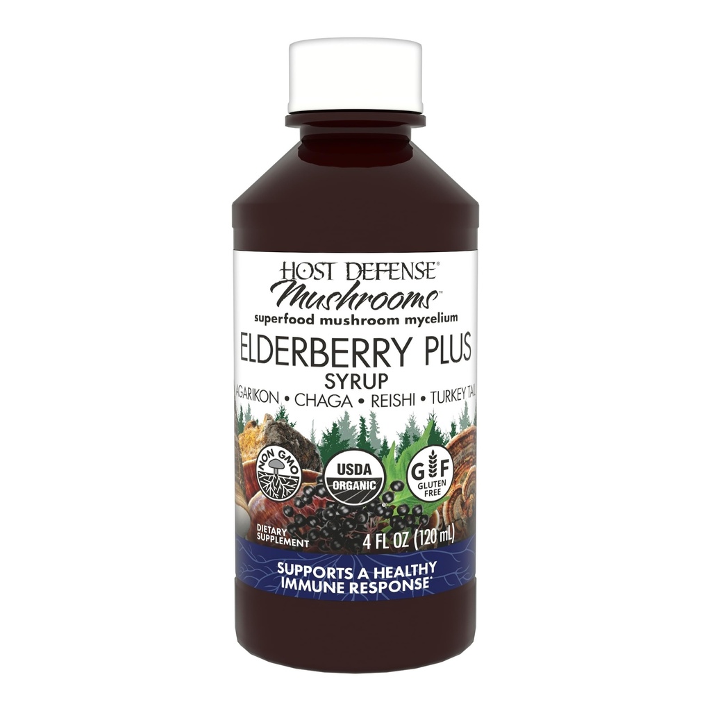 Host Defense Elderberry Plus Sirop - Supplément de soutien immunitaire, respiratoire et pulmonaire* - Supplément de champignons liquides avec queue de dinde, Reishi, Agarikon et Chaga* - 4 fl oz (12 portions)