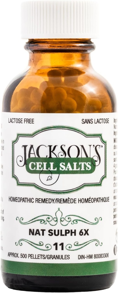 Jacksons #11 Cell Salt NAT Sulph 6X (500 Pellet Bottle) – Certified Vegan, Lactose-Free Schuessler Tissue Salt Natrum Sulphuricum 6X