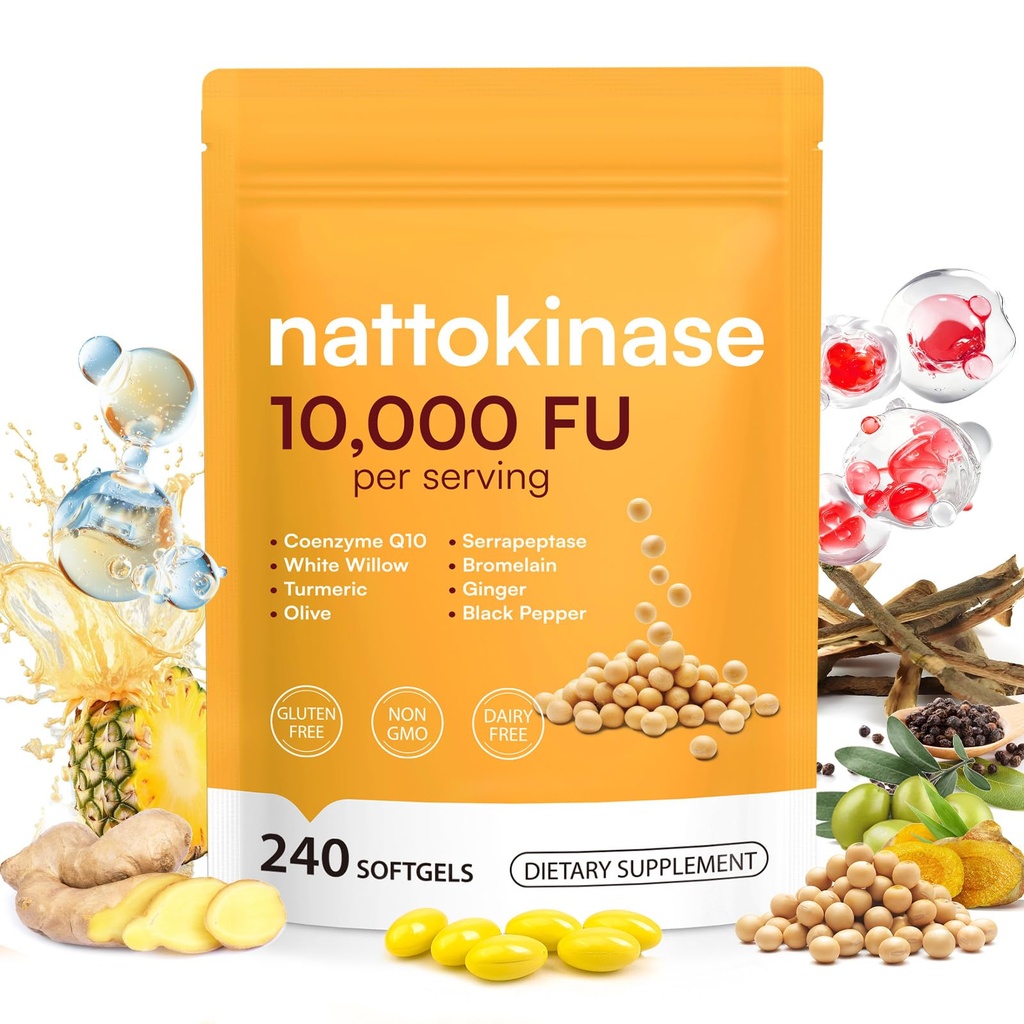 Nattokinase 10,000 FU Per Serving, with CoQ10, Serrapeptase, Bromelain, Turmeric, 8-in-1 Botanical Extracts Formula for Heart and Circulatory Support, Easy-to-Take| 240Pcs