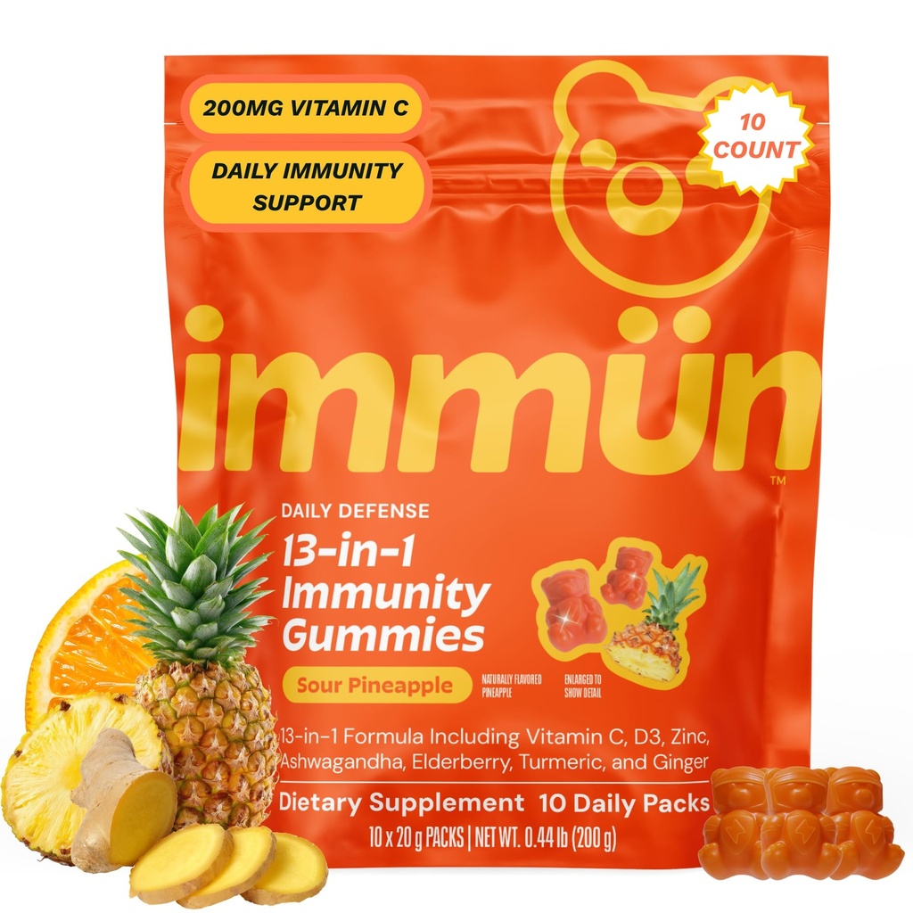 Grüns Immun Immunity Gummies with Vitamin C, Zinc, MCT Oil, & Turmeric - Daily Immune Support Supplement for Adults - Sour Pineapple Flavor (10 Count)