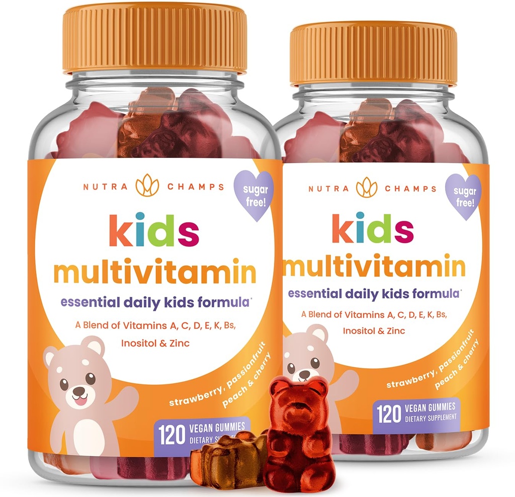 NutraChamps 120 Gummy Vitamine für Kinder (Pack von 2), Sugar Free Kids Vitamine Gummy Multivitamin, Vegan & Non-GMO, Erdbeere, Passionfruit, Peach & Cherry