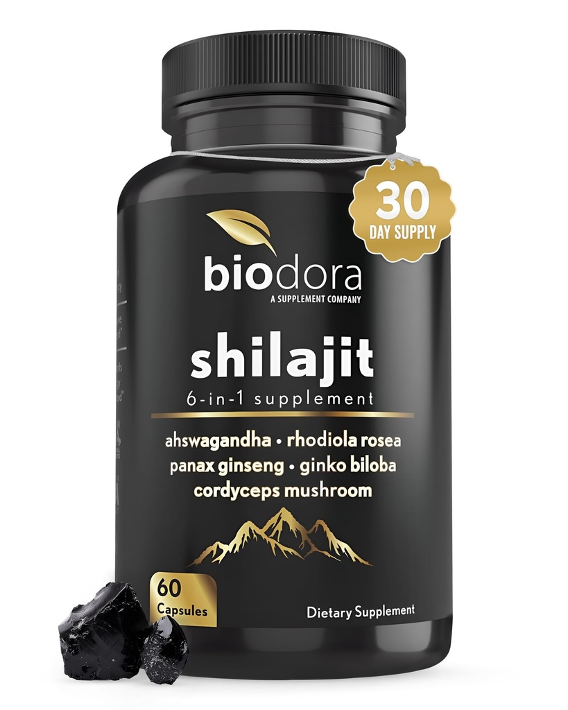 6-in-1 Shilajit Ergänzung 300mg, Mood und Energie Unterstützung Ergänzung mit 60mg reine Ashwagandha, Rhodiola Rosea Panax Ginseng für Immununterstützung, Gedächtnis und Fokus, 85+ Trace Minerals, 60 Kapseln