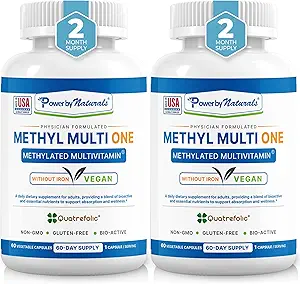 Power By Naturals Methyl Multi One – Iron-Free Methylated Multivitamin für Männer & Frauen mit B12 Methylcobalamin, P5P, Folate (5-MTHF), CoQ10 & Zink für Energie & MTHFR Unterstützung, 60 Kapseln (2-PK)