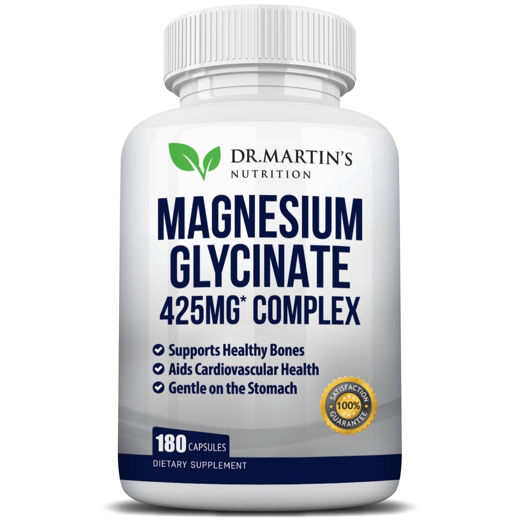 Premium Magnesium Glycinate 425mg - 180 Vegan Kapseln - Hilft mit Stress Relief, Schlaf, Muskelkrämpfe & Gesundes Herz |