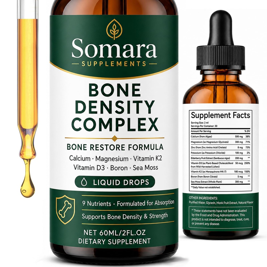 Somara Bone Density Complex Liquid - Daily Nutrition Support - 60ml | Liquid bone nutrition formula featuring calcium, vitamin D3 and K2 for convenient daily wellness routines.