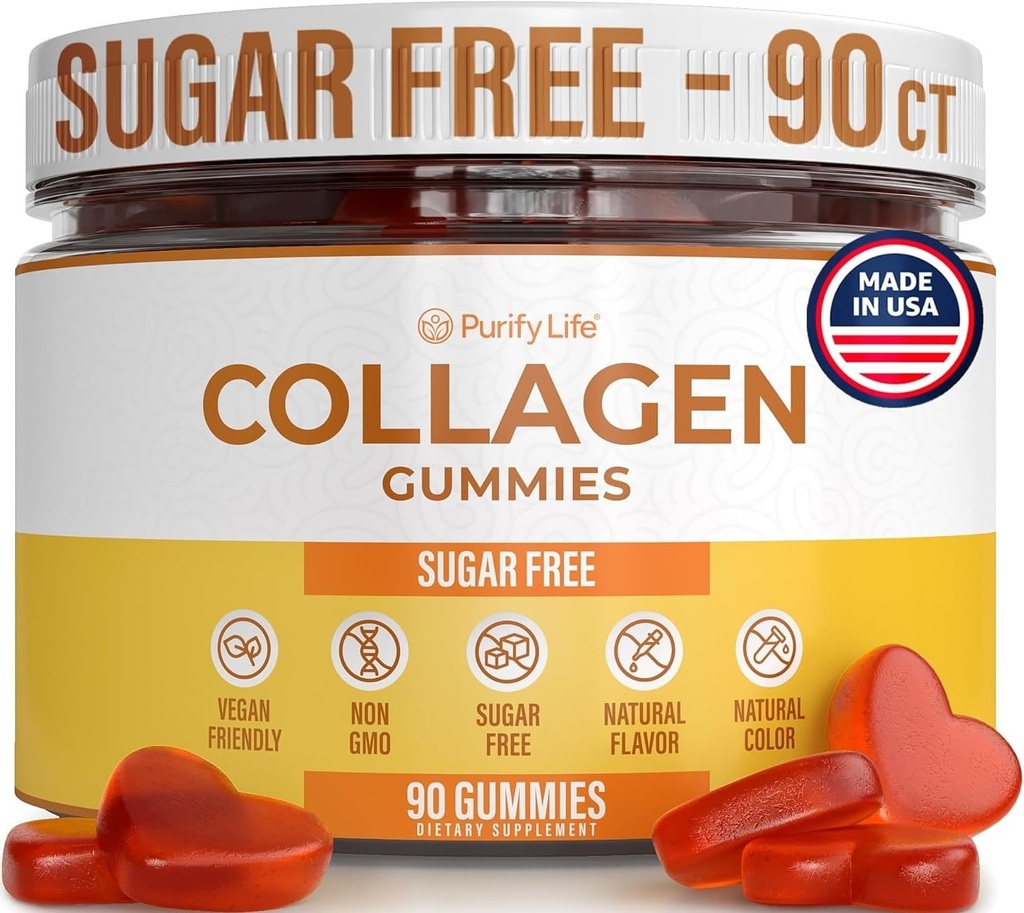 Gommies sans sucre de collagène marin (90 collagènes) Potent 500mg Gummy collagène pour la croissance des cheveux, peau et ongles plus sains, réducteur de pore et élasticité Hydrolysé, sans gluten, boosté w Shuddha Gugulu