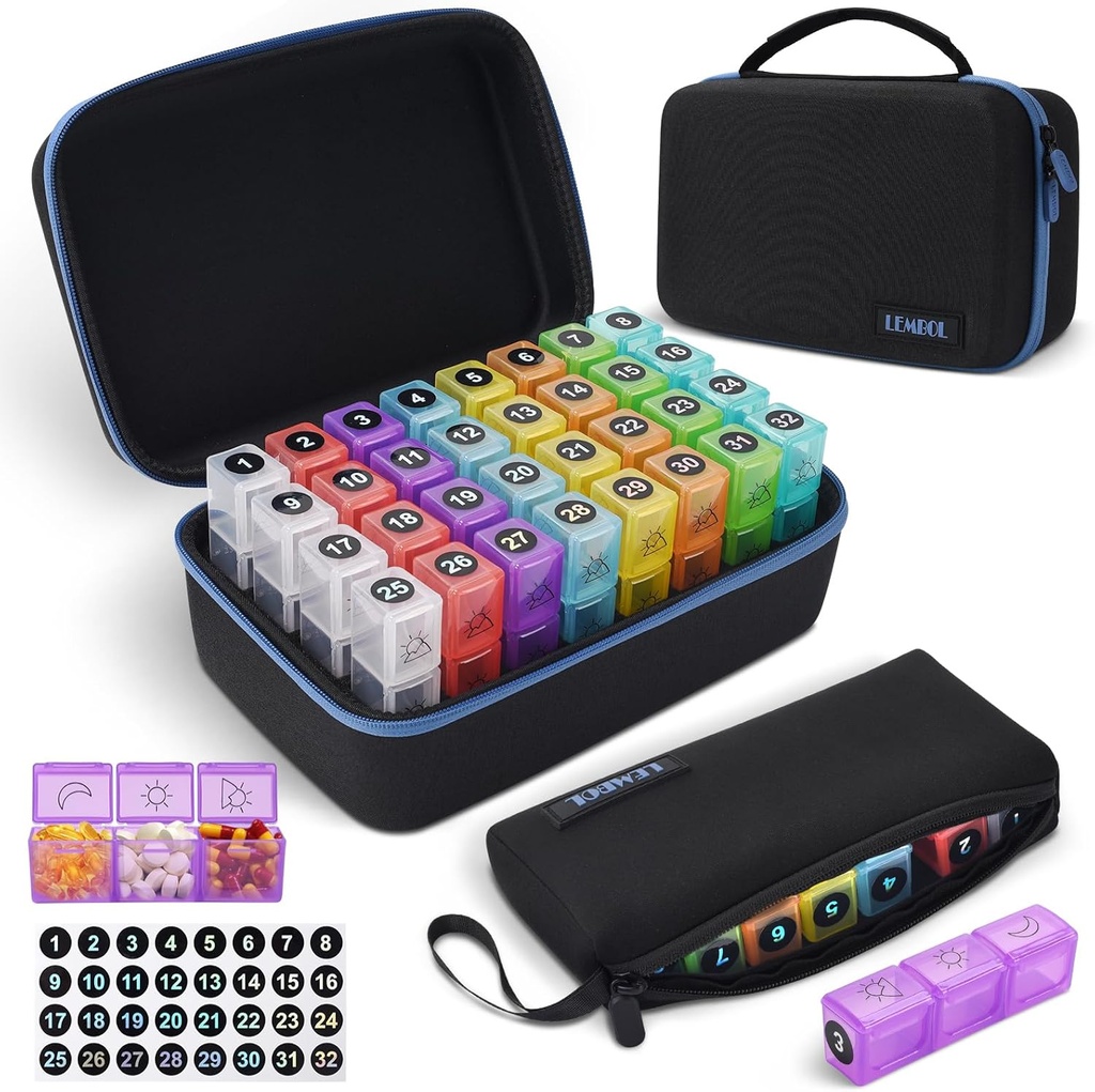 Monatliche Pille Organizer 3X pro Tag mit Tragbare 7-Tage-Reise-Medizin Organisierung Tasche,Große Pille Box mit 32 täglichen Komponenten,30 Tage Pille Fall Medizin Organizer für Vitamin, Ergänzung und Medikamente