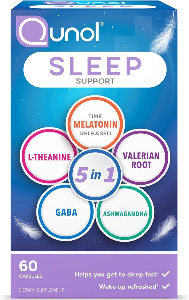 Qunol Sleep Support, 5 en 1 Non-Habit Forming Sleep Aid, Supplément avec Mélatonine dans le temps 5mg, Ashwagandha, GABA, Valerian Root, L-Theanine, 60ct Capsules