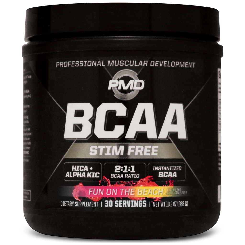 PMD Sports BCAA Stim-Free Amino Acids - Bessere Workout-Leistung, verbesserte Erholung, Tägliche Energie, Muskelaufbau und Muskelersparnis - BCAA Powder Drink Mix - Spaß am Strand (30 Portionen)