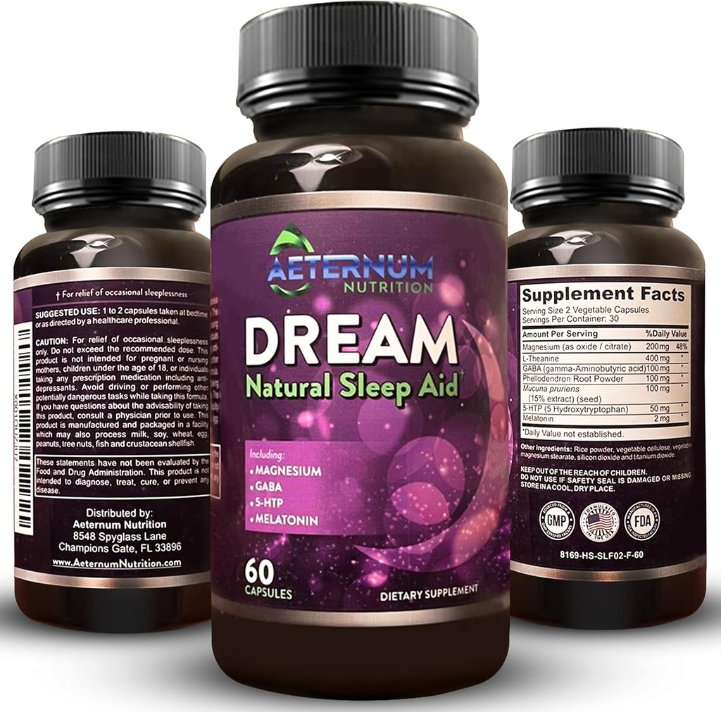 Dormire Naturale Sogno Supplemento per Adulti – Relaxing Sleep, Wake Rested - Non Abit Sleep Aid Capsule Libero da Zucchero, Carbi - Melatonina, Magnesio, 5HTP, L-Teanina, GABA- Non OGM 60 Pillole Dorminti