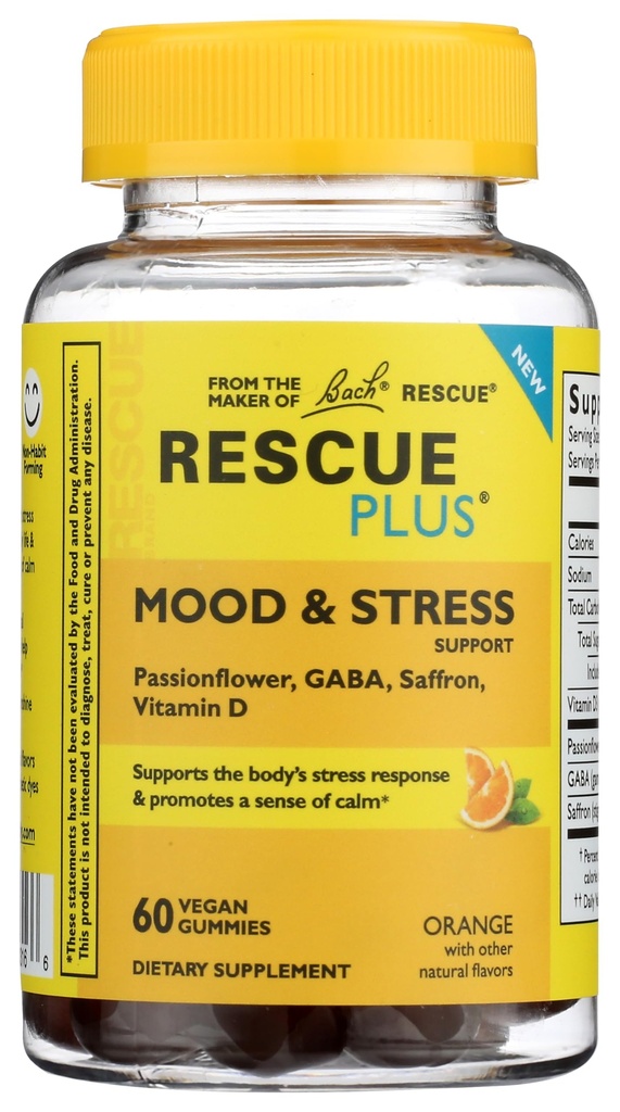 RESCUE Bach Plus Mood & Stress Support Gummies, Integratore alimentare diurno con Passionflower, GABA, Zafferano & Vitamina D, Natural Orange Flavor, Vegan & Gluten-Free, 60 Count