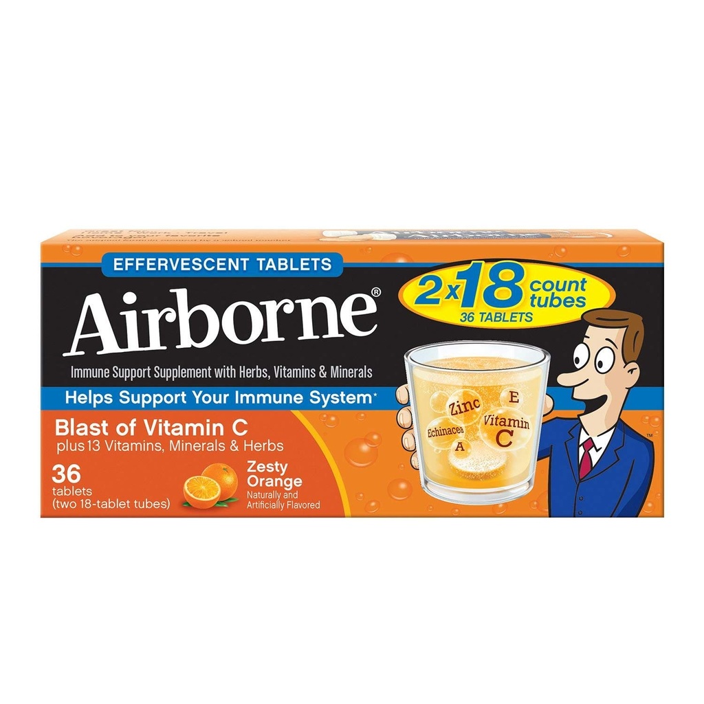 Vitamina C 1000mg (per porzione) - Compresse Effervescenti Arancio Zesty Airborne (36 contano in una scatola), Integratore di Supporto Immune senza Gluten e Alto in Antiossidanti