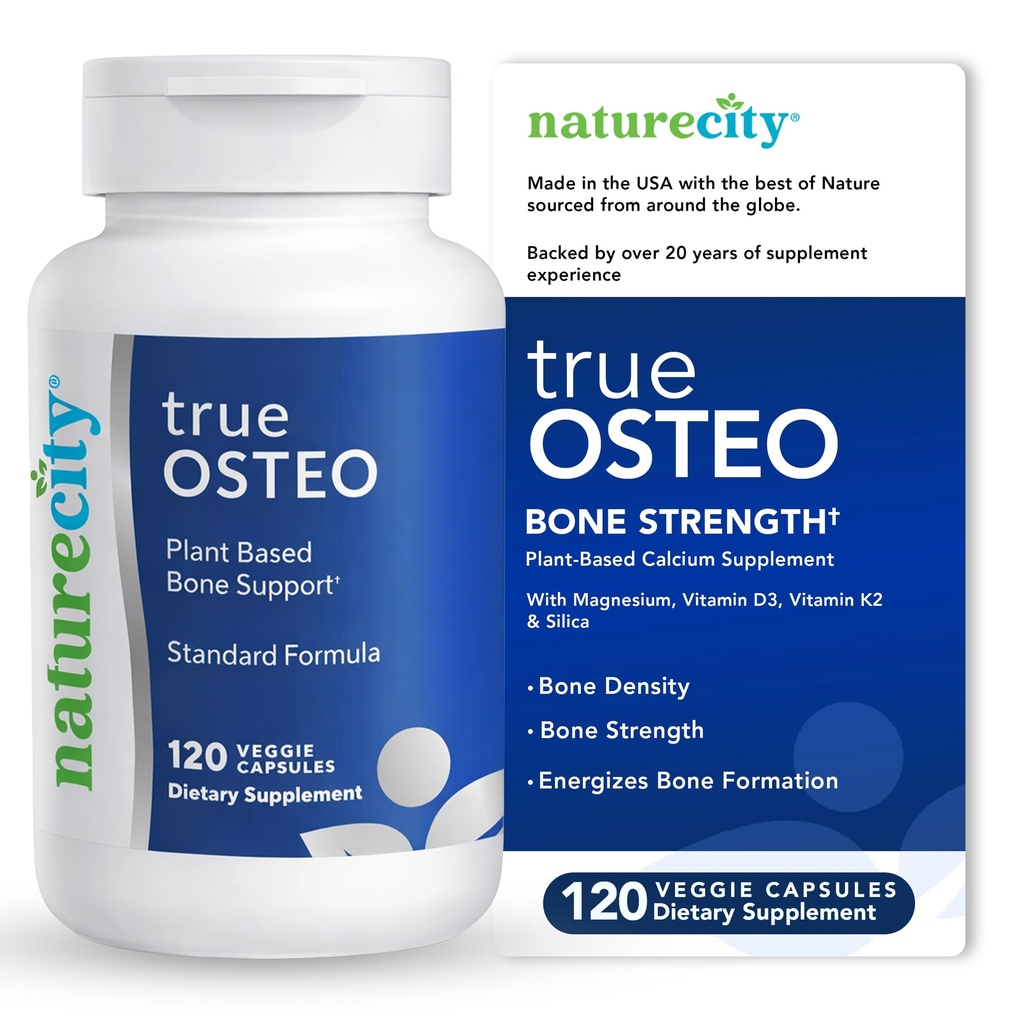 NatureCity True-Osteo pflanzliche Nahrungsergänzungsmittel für Knochenstärke | AlgaeCal Calcium & Magnesium, Pflanzenbasiertes Vitamin D3, Vitamin K2, Silicon| Gentle on Stomach (120 Veggie Kapseln)