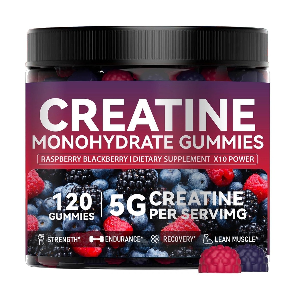 Creatine Monohydrate Gummies 5000 Mg for Men & Women, Creatine Supplement for Enhanced Muscle Growth and Energy Boost – with L-Taurine, Sugar-Free, Vegan, Raspberry-BlackBerry-Blueberry Flavor