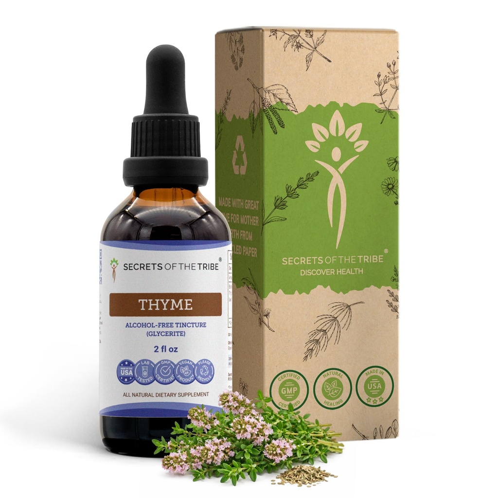 Secrets de l'extrait liquide sans alcool de Tribe Thyme (Thymus Vulgaris) Supplément de teinture de feuille séchée (2 FL OZ)