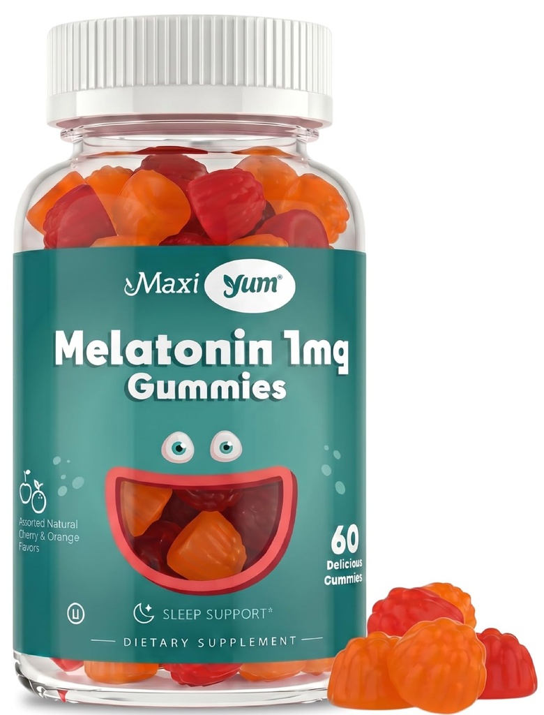 Maxi Health 1mg Mélatonine Gommies – Mélatonine à croquer pour enfants avec cerise naturelle et saveur orange – Supplément d'aide au sommeil pour adultes et bébés pour soutenir les nuits reposantes (60 Nombre)