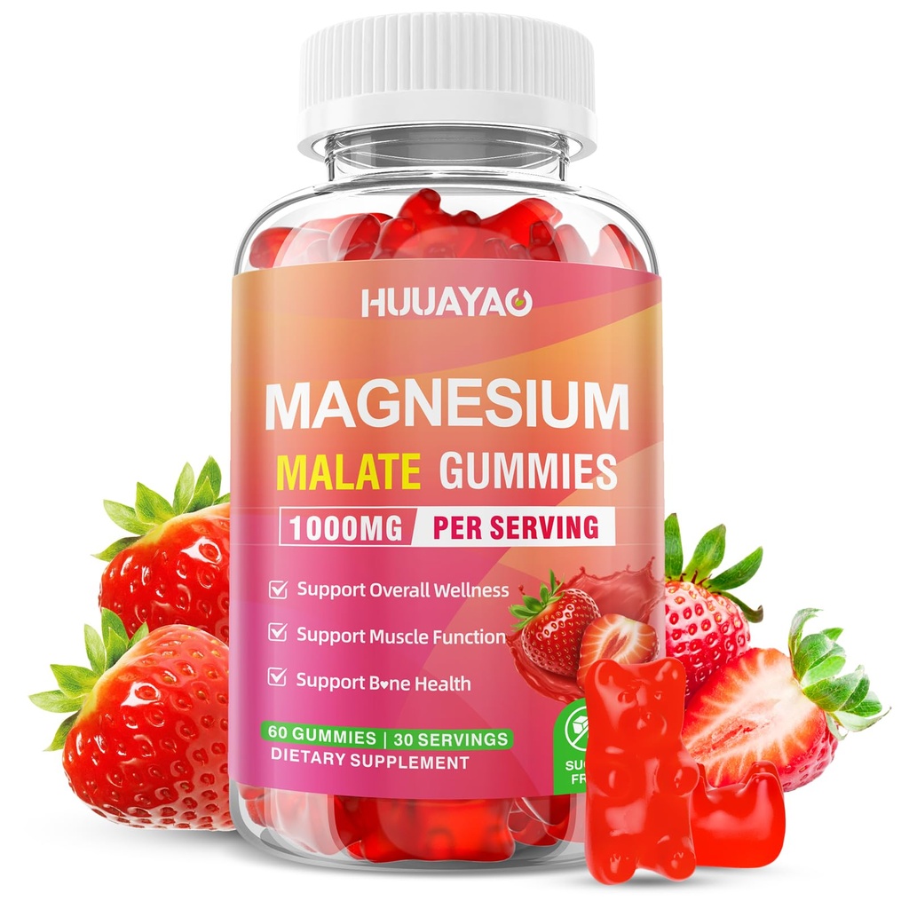 Magnesium Malate Gummies 1000mg, Chewable Magnesium Supplements with L-Theanine, CoQ10 & Vitamin B6, Support Energy Production, Muscle Function, Sugar-Free, Strawberry Flavor, 60 Count