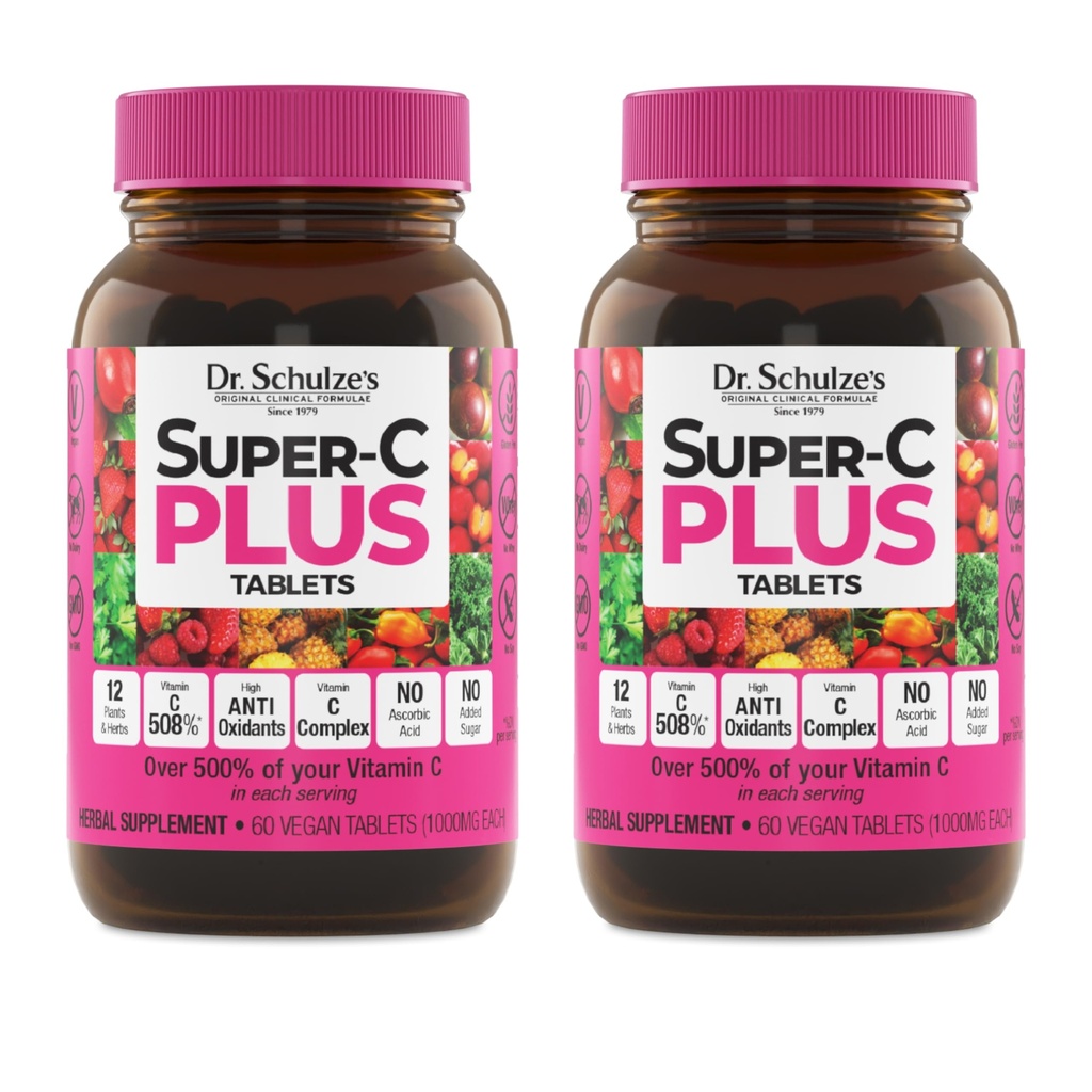 Dr. Schulze's Super-C Plus - Vitamin C Supplement for Immune Support - Skin Health & Antioxidant Support - High-Potency Formula - Plant-Based Superfood - Gluten-Free & Vegan, 60 Ct (20 Serving) 2-Pack