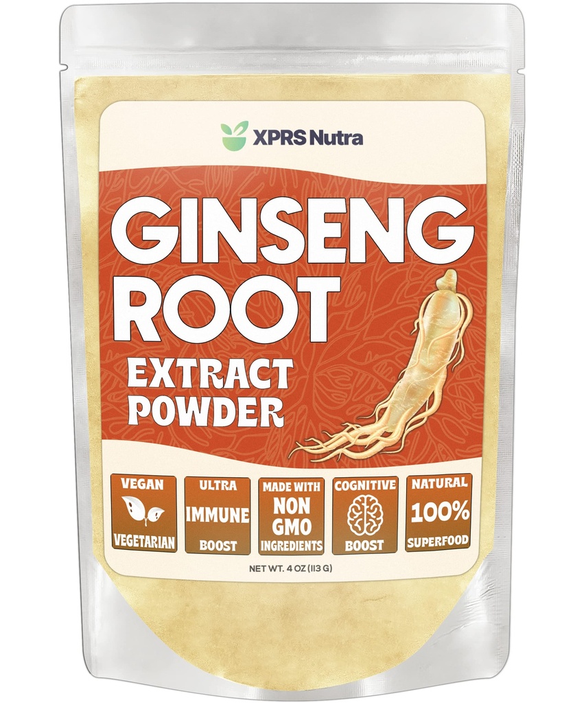 XPRS Nutra Ginseng Root Extract Powder - Ginseng Powder prend en charge la fonction cognitive, la performance physique et le système immunitaire - Vegan Friendly Panax Ginseng sous forme de poudre (4 once)