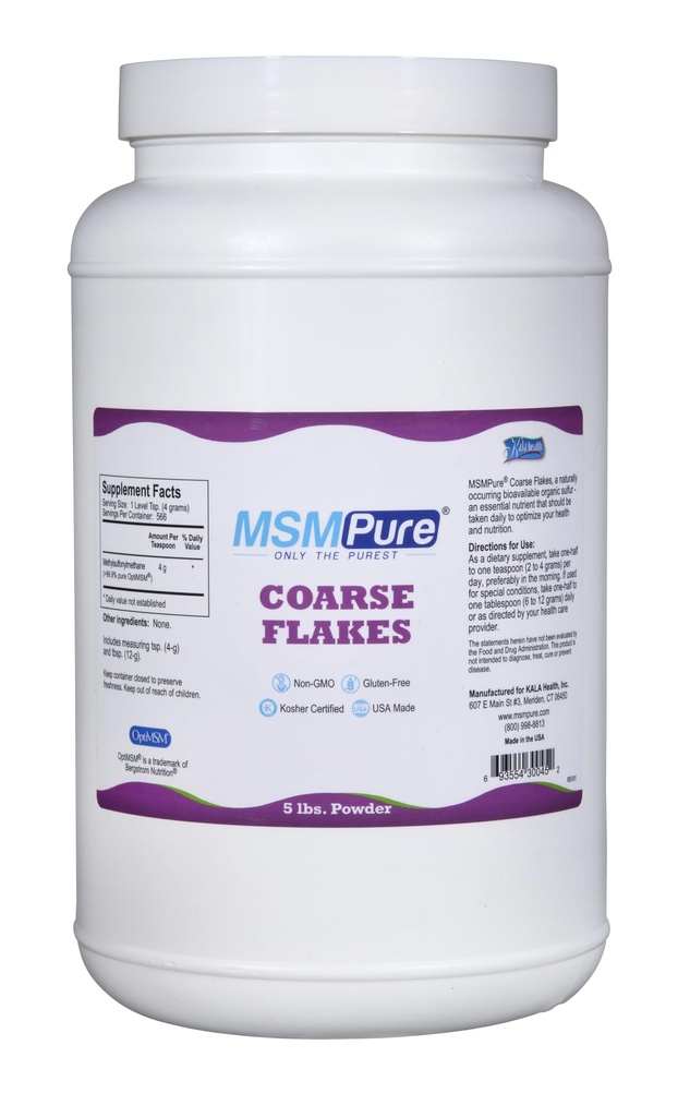 KALA HEALTH MSMPure Coarse MSM Powder Flakes – US-Fabriqué MSM pour la santé articulaire, l'apparence de la peau et le soutien des cheveux et ongles – 5 lb, soufre organique
