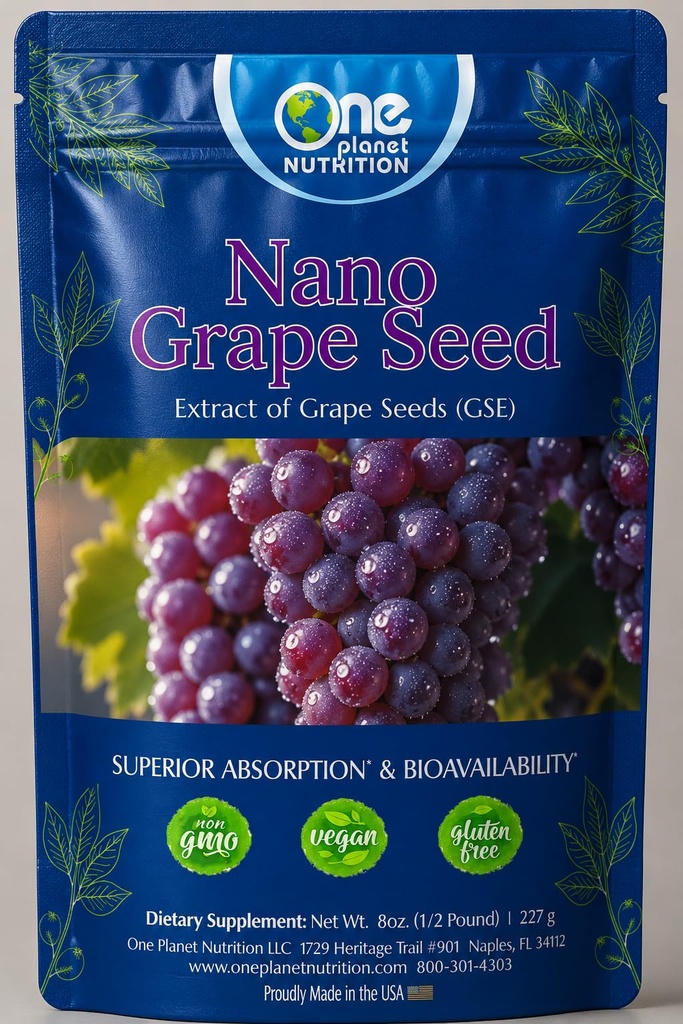 One Planet Nutrition Nano Grape Seed Powder 8 oz (227 Servings) - Nano Particle Size Vitis Vinifera Extract for High Absorption - Supports Skin & Cardiovascular Health - Non GMO, Vegan, Gluten Free