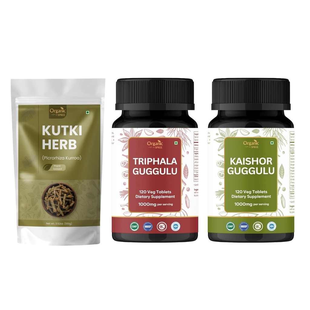 ORGANIC SPREE Kutki Herb, Triphala Guggulu & Kaishor Guggulu – 100g & 120 Tablets Each – Picrorhiza Kurroa, Ayurvedic Digestive Formulas – Certified Herbal Wellness Blend