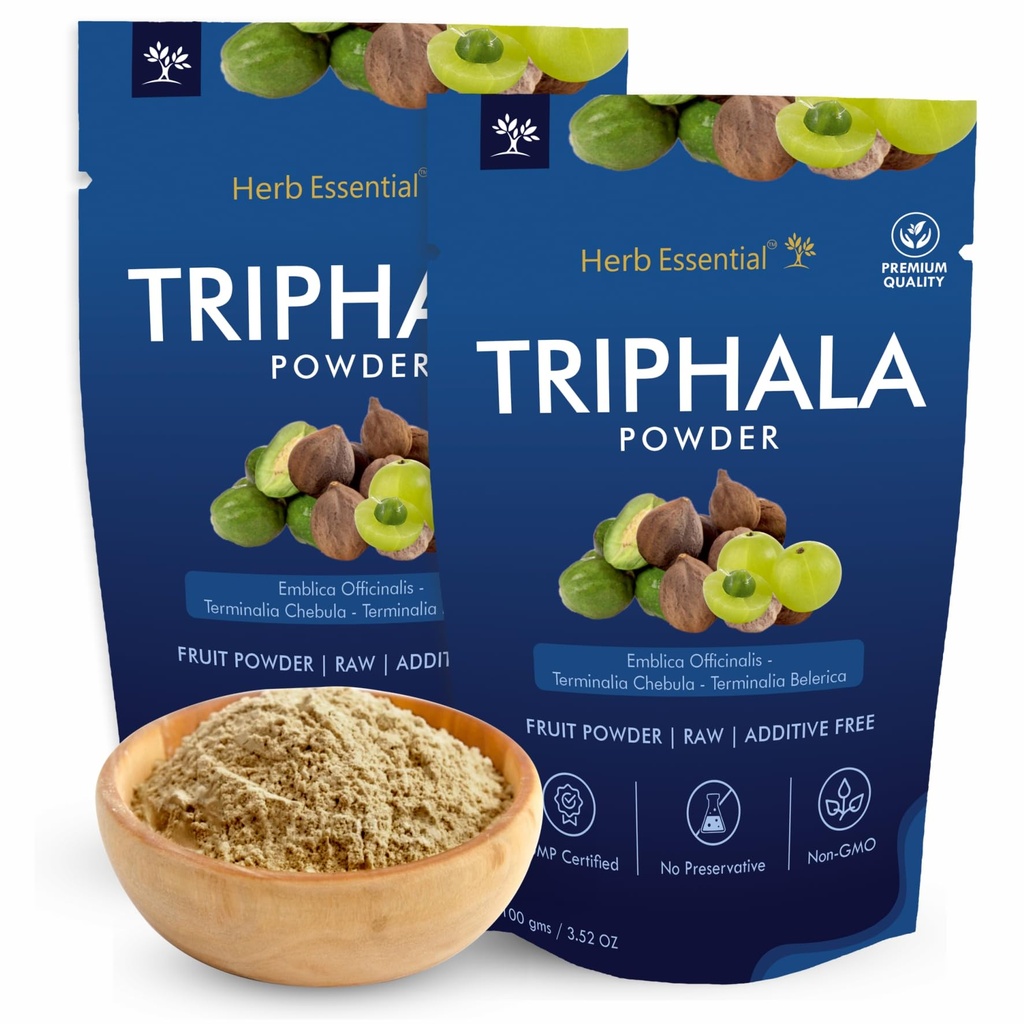 Herb Essential Organic Triphala Powder 200G (7.05 Oz), Amla, Haritaki & Bibhitaki Blend, Ayurvedic Herbal Supplement for Overall Well-Being, Vegan, Non-GMO, No Added Preservatives, Sourced from India