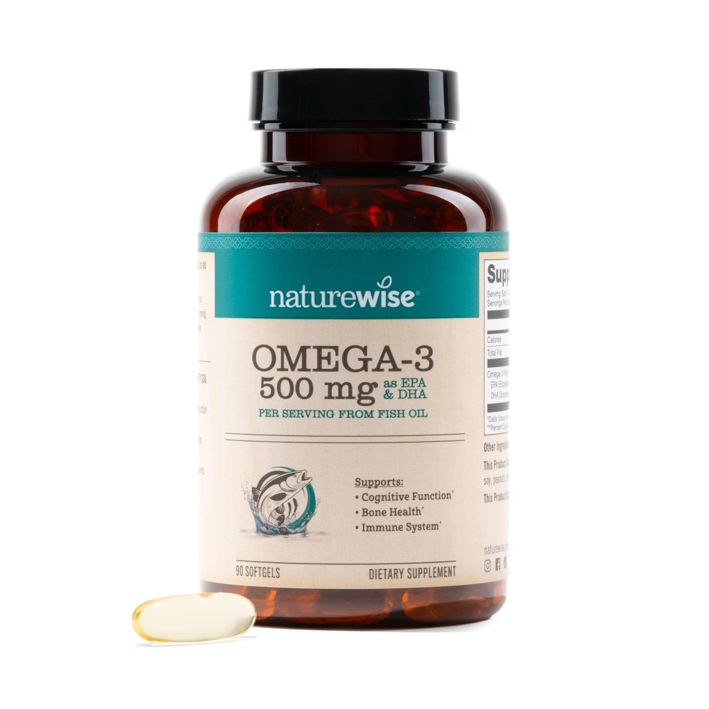 NatureWise Omega 3 Huile de poisson - 500 mg par pilule - EPA & DHA - Soutien immunitaire, santé cérébrale et bien-être optimal - Sans gluten et sans soja, sans OGM - 90 softgels[3-Mois]