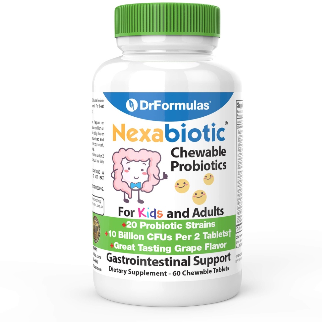 DrFormulas Chewable Probiotics per bambini e adulti | per la salute dentale orale, cattivo respiro, & migliore digestione 20 Multi Strain - S boulardii, Lactobacillus plantarum e Bifidobacterium infantis, 60 Chews